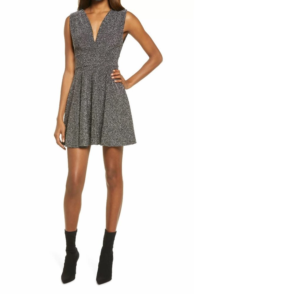 FRAICHE BY J Shimmer Deep V-Neck Fit & Flare Minidress